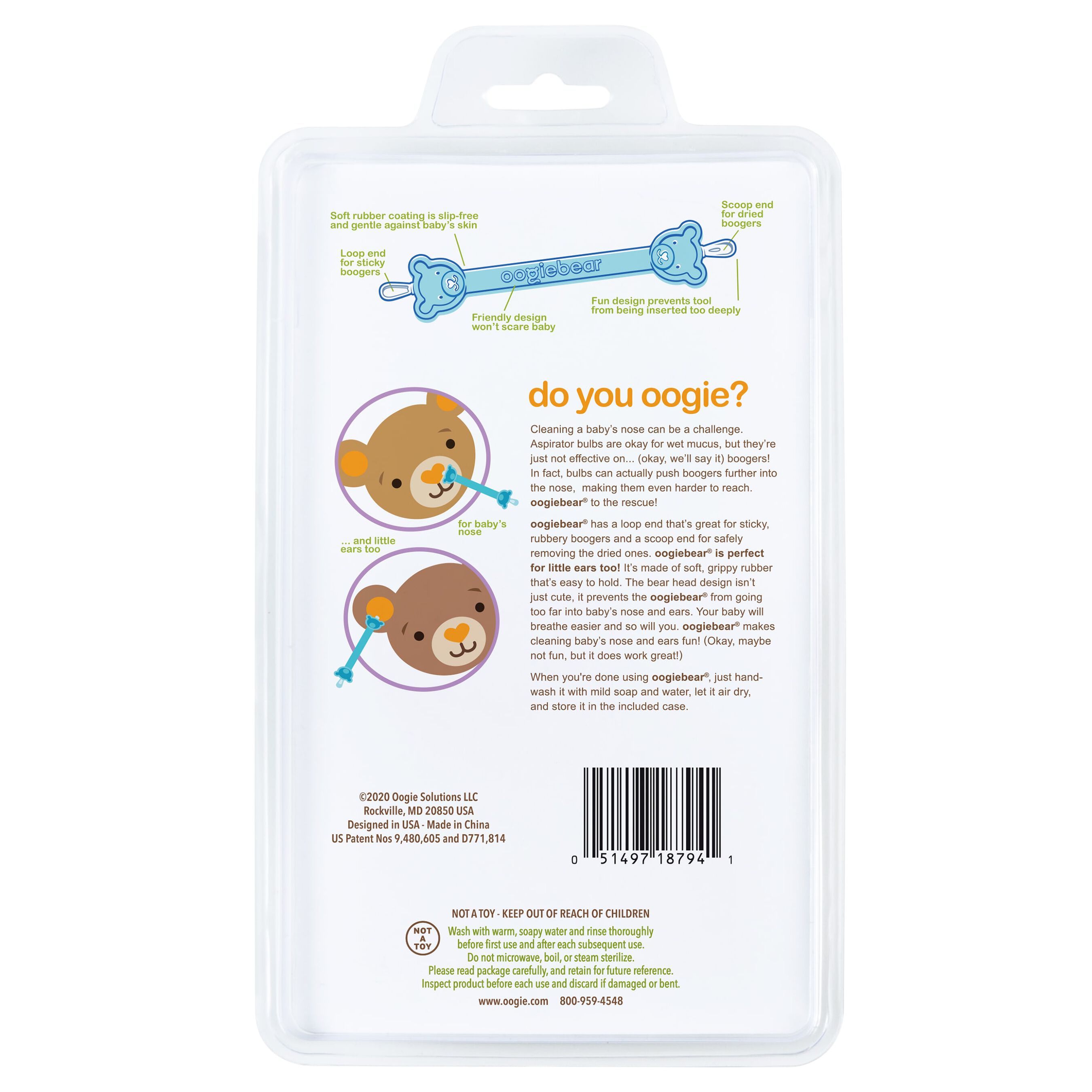 Oogiebear Baby Booger Picker with Case, 2Pack, Blue/Blue